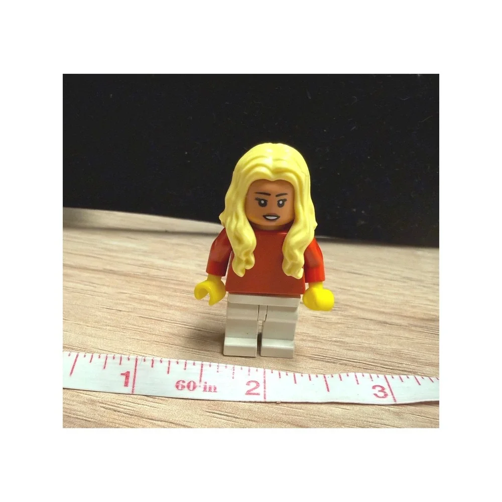 Female Minifigure Blonde Long Wavy Hair Red Shirt White Pants 1.5 Inch Toy